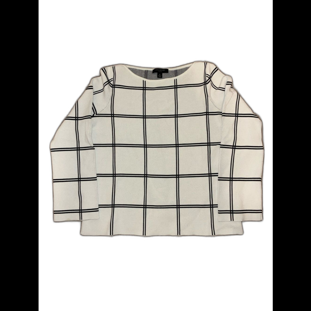 Ann Taylor Petite Windowpane Plaid Knit Sweater MP White Black Quiet Luxury Work